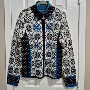 Women's Ice Landic Fair Isle Full Zip Sweater M White Black Blue